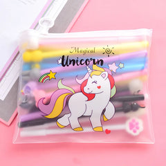 10 Assorted Cartoon Gel Pen with Unicorn Transparent Pouch