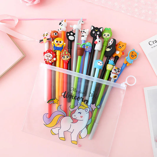 10 Assorted Cartoon Gel Pen with Unicorn Transparent Pouch