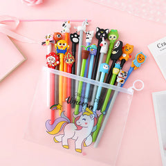 10 Assorted Cartoon Gel Pen with Unicorn Transparent Pouch