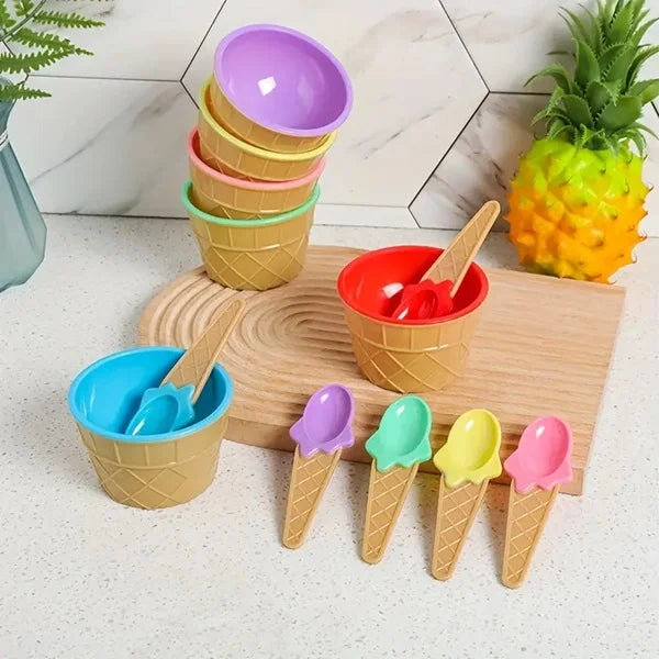 Ice Cream Waffle Cone Bowls Spoons Cups Set (2)